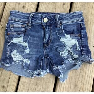 American Eagle Midi Denim Shorts Women Size 0 Distressed Cut Off Blue Jeans